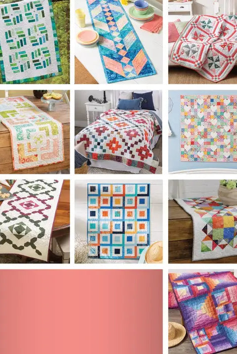 Collage of various colorful quilt patterns on tables and beds.