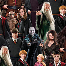 Collage of Harry Potter-themed designs including house crests, characters, and magical items.