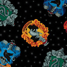 Collage of Harry Potter-themed designs including house crests, characters, and magical items.