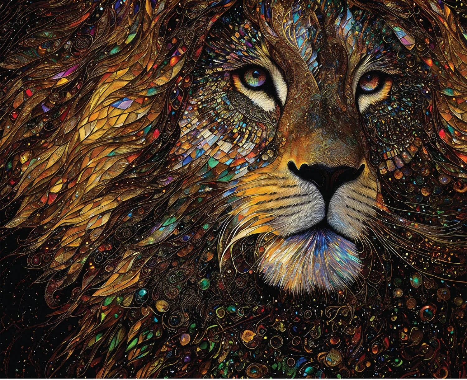 Colorful mosaic art of a lion's face with intricate patterns.