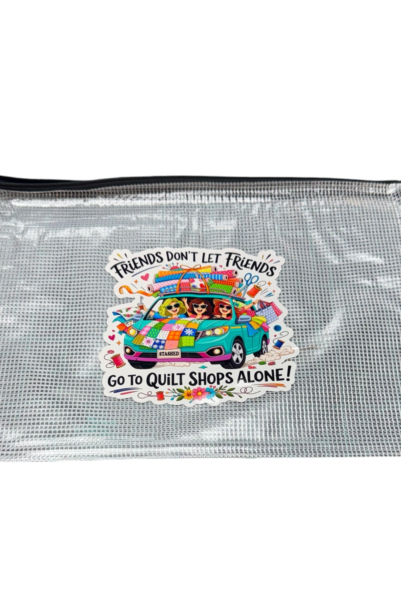 Clear pouch with a colorful graphic and text on a white background