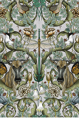 Patterned fabric with deer, zebra, and floral design on a neutral background