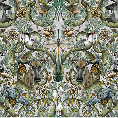 Patterned fabric with deer, zebra, and floral design on a neutral background