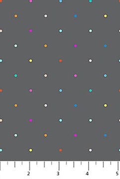 Multicolored polka dots on a gray background with a fabric swatch at the bottom.