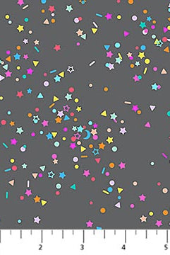 Colorful confetti pattern on a gray background with a fabric swatch at the bottom.