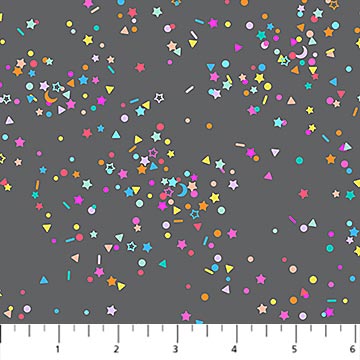 Colorful confetti pattern on a gray background with a fabric swatch at the bottom.