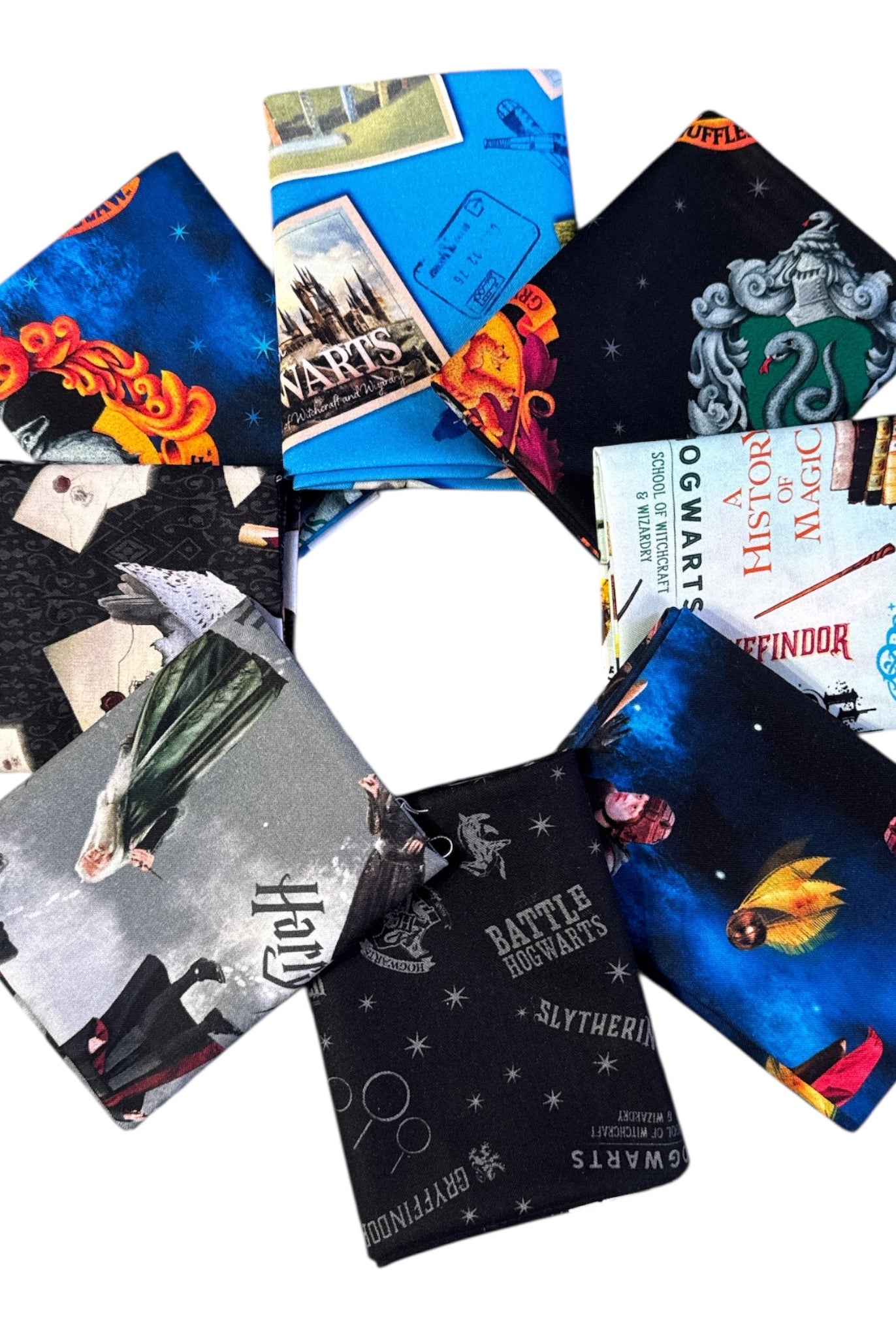 Collection of themed fabric swatches with various designs on a white background