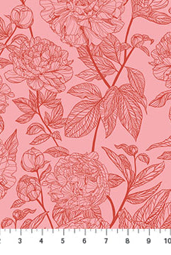 Floral pattern with red flowers and leaves on a pink background, ruler at the bottom for scale.
