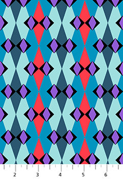 Geometric pattern fabric with red, blue, and purple diamonds on a white background