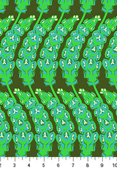 Pattern of green and white creatures on a brown background