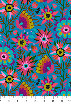 Colorful floral pattern on a blue background