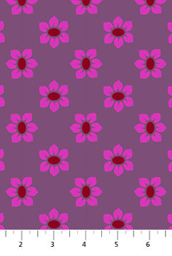 Pattern of pink flowers with red centers on a purple background