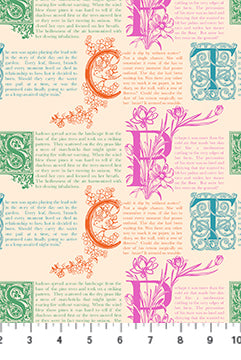 Textile with decorative letters and floral patterns on a beige background