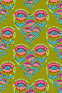 Pattern of pink and blue floral hearts on a green background