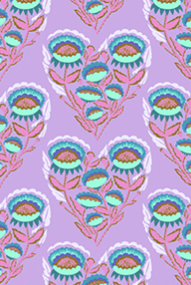Pattern of colorful floral designs on a purple background
