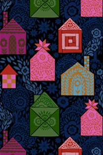 Pattern of colorful houses and envelopes on a dark blue background