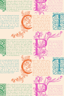 Colorful text and letter pattern on a beige background