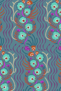 Decorative pattern with flowers and wavy lines on a blue background