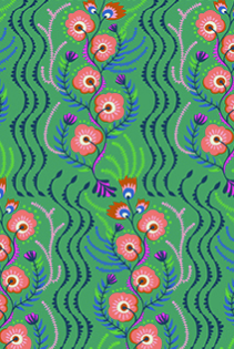 Pattern of pink flowers with green leaves on a green background