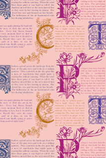 Patterned fabric with decorative letters and text on a pink background