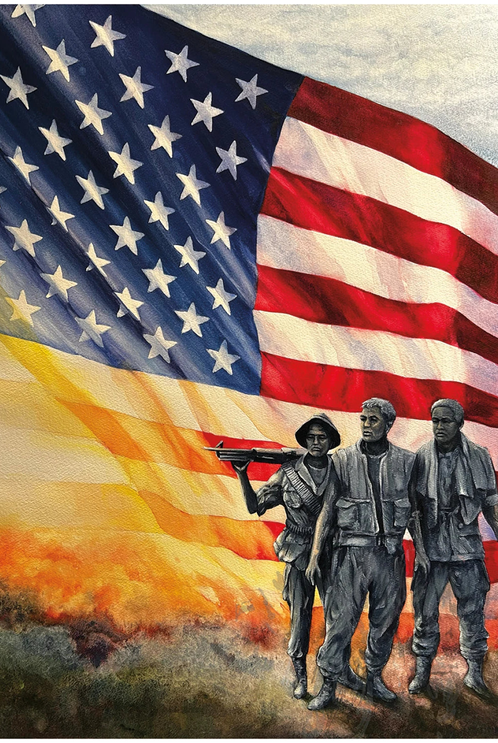 Three figures holding rifles in front of an American flag with a sunset background
