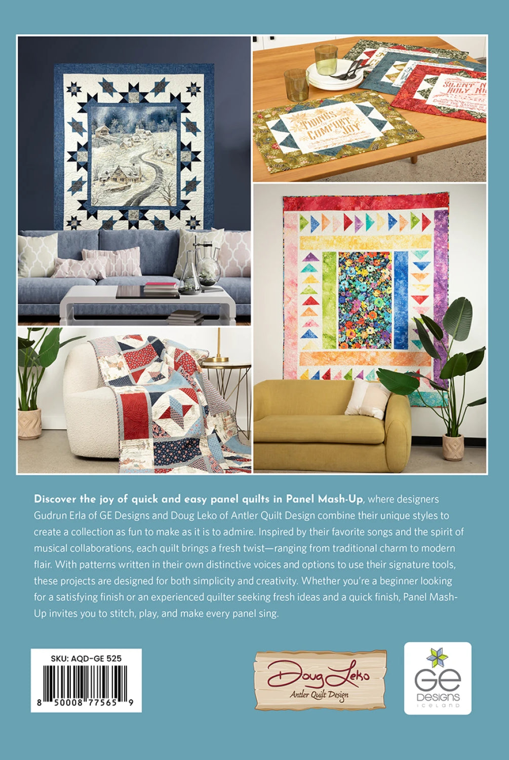 Back cover of a book featuring images of quilts and a living room setting with text about panel quilt designs.