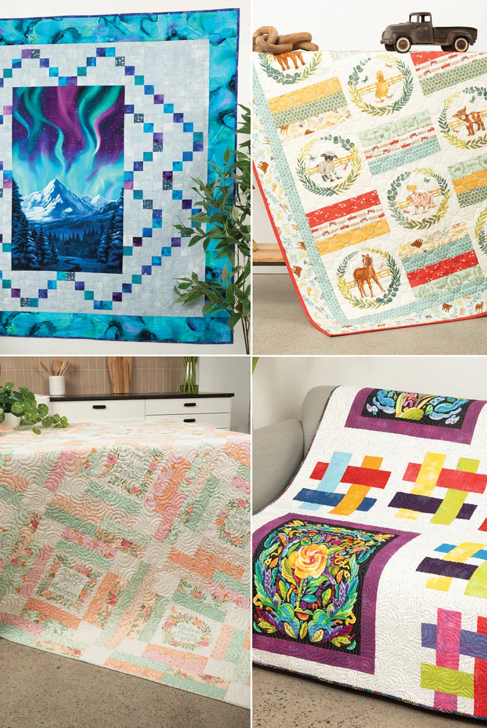 Collage of four colorful quilts with different patterns and designs.
