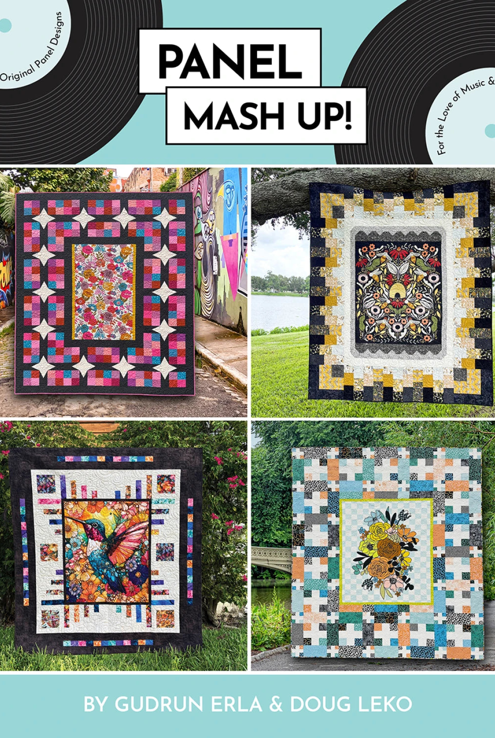 Four colorful quilt panels displayed against a natural background with text 'Panel Mash Up!' and authors' names. Carmon's Quilt Shop