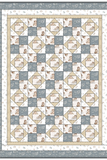 Quilt with diamond pattern featuring small images of children on a blue and beige background