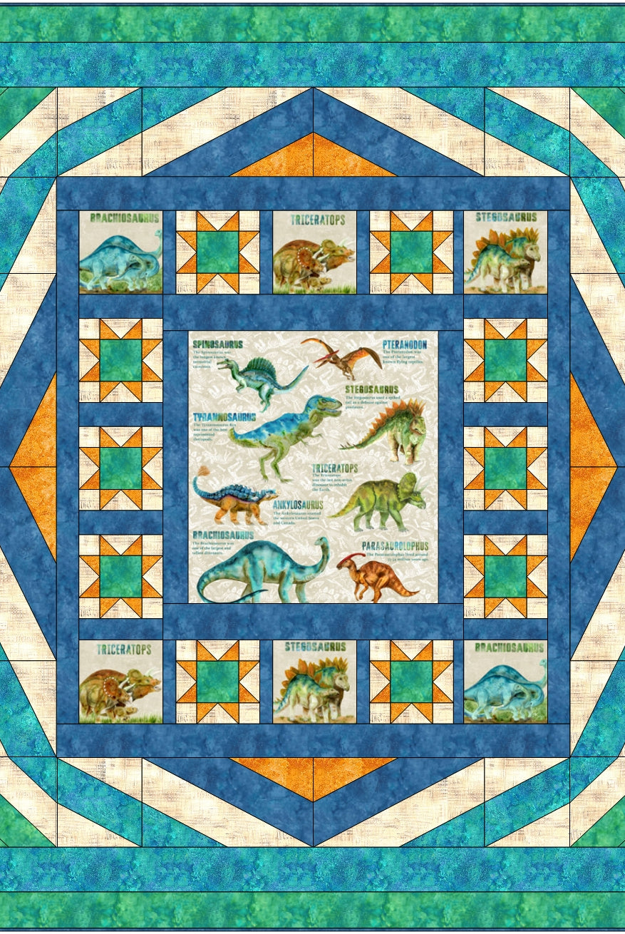 Quilt with dinosaur-themed blocks and a blue border