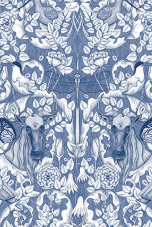 Blue and white patterned fabric with animal and floral designs