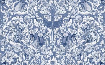 Blue and white patterned fabric with animal and floral designs