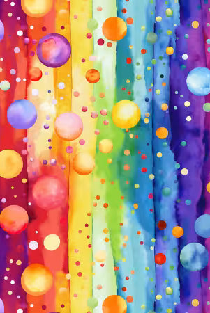 Colorful fabric with rainbow pattern and bubbles, pre-ordering information displayed. 108" Wide Backing Fabric Carmon's Quilt Shop
