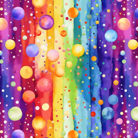 Colorful fabric with rainbow pattern and bubbles, pre-ordering information displayed. 108" Wide Backing Fabric Carmon's Quilt Shop