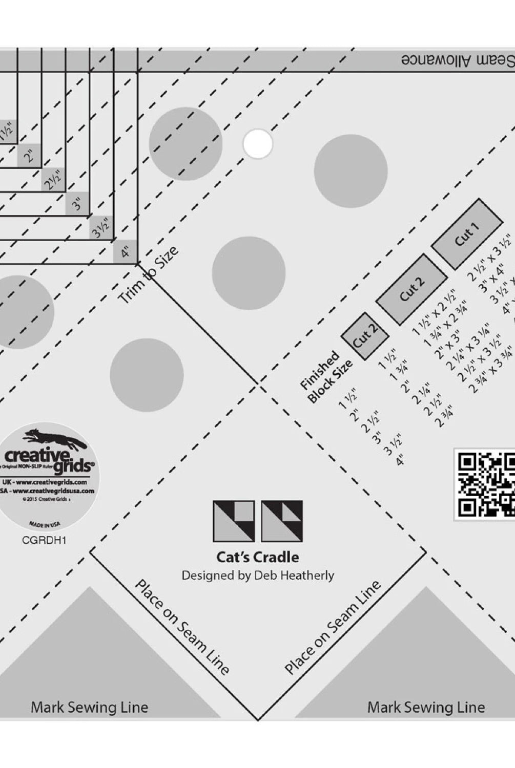 Quilting ruler with grid lines and measurements on a white background Creative Grids Quilt Ruler Cat's Cradle Tool # CGRDH1 - Carmon's Quilt Shop
