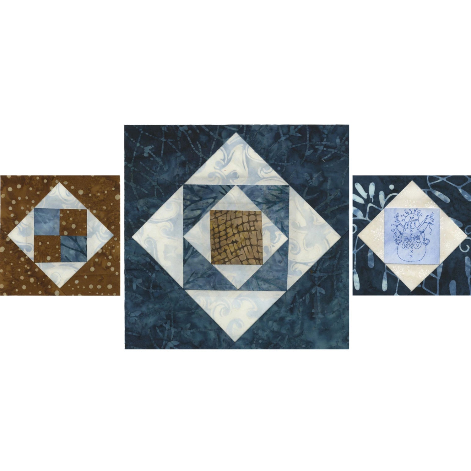Three quilt blocks with different patterns on a white background Creative Grids Square on Square Trim Tool 4in or 8in Finished Blocks Quilt Ruler # CGRJAW8 - Carmon's Quilt Shop