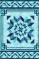 Decorative quilt with blue and white pattern on a geometric background