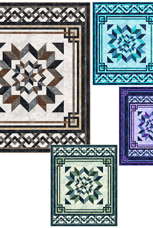 Four decorative quilts with geometric patterns on a white background