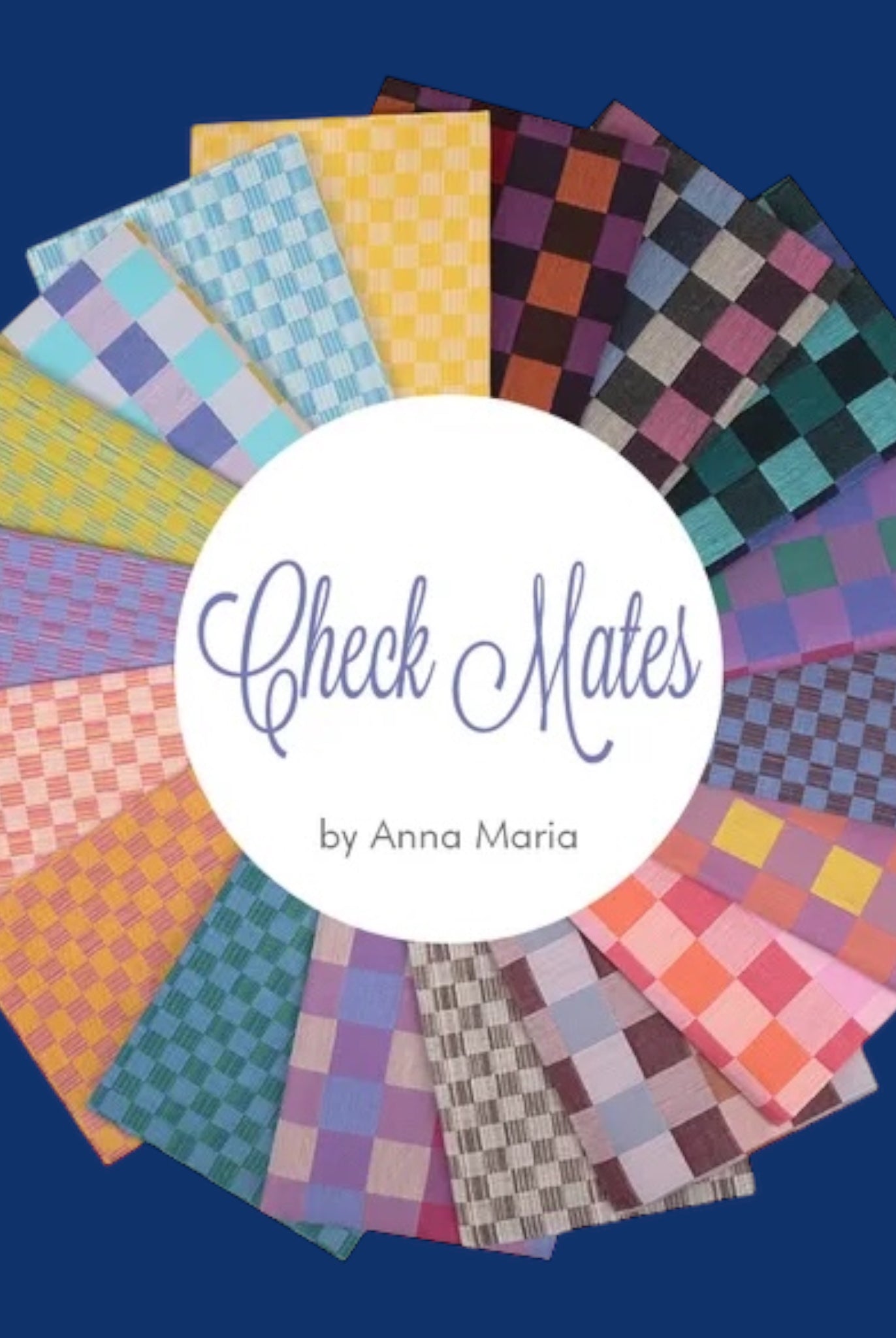 Circular arrangement of colorful checkered fabric swatches with 'Check Mates by Anna Maria' text in the center on a blue background. Check Mates Gameboard Fabric Fat Quarter Bundle by Anna Maria Parry FQCHECK18-10