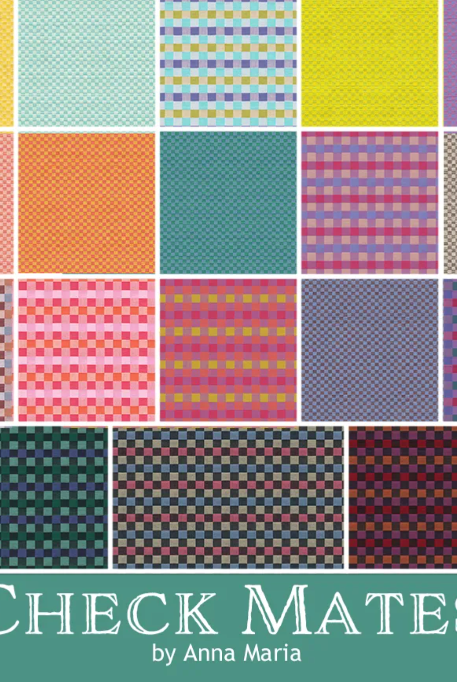 Patterned fabric swatches arranged in a grid with 'Check Mates by Anna Maria' text at the bottom. Check Mates Gameboard Fabric Fat Quarter Bundle by Anna Maria Parry FQCHECK18-10