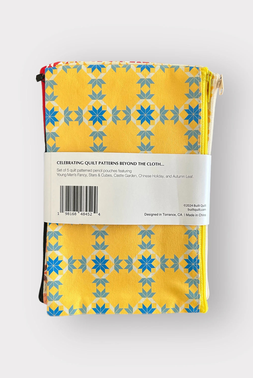 Packaged product with yellow and blue pattern on a white background