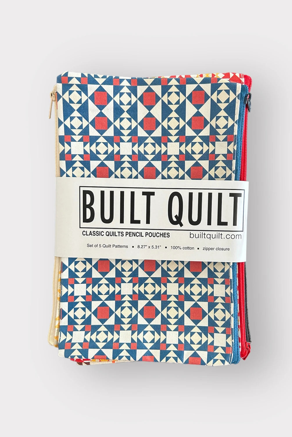 Pack of quilt-patterned pencil pouches with 'Built Quilt' label on a white background
