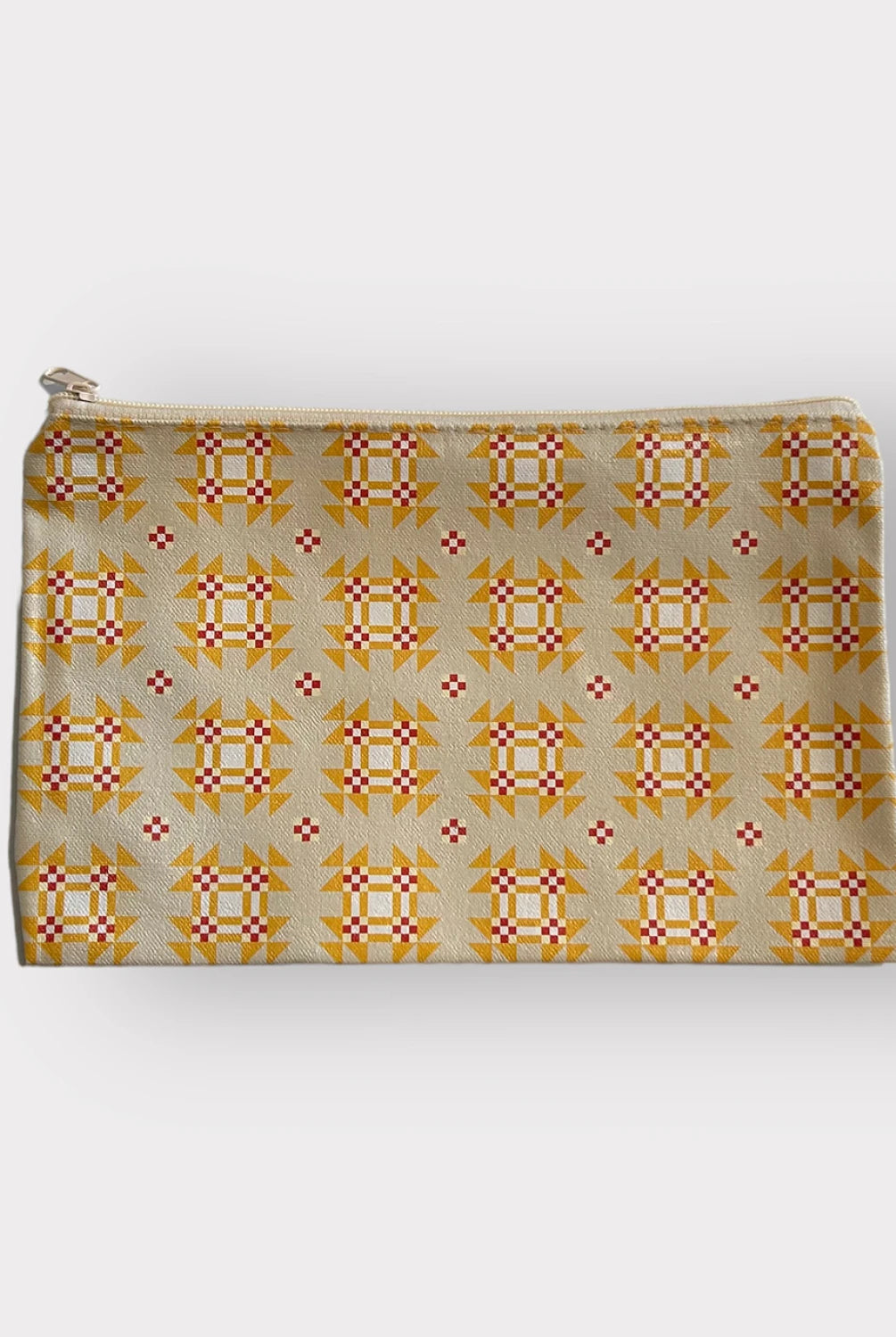 Patterned pouch with a zipper on a white background