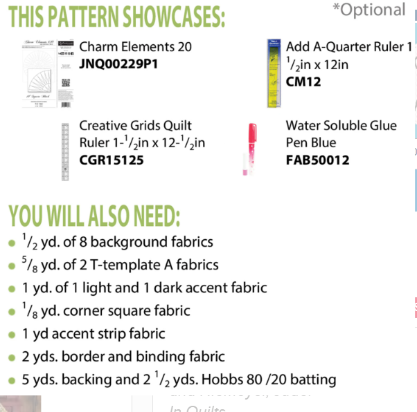Textual list of quilt-making materials and tools on a white background Clockworx cut Loose Quilt Pattern - By Judy Niemeyer - Carmon's Quilt Shop