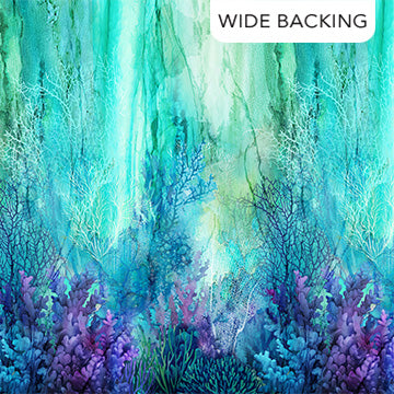 Underwater scene with colorful coral and plants on a wide backing Coral Reef 3 Yards 108" x 108" Wide B28876-66 Turquoise by Deborah Edwards and Melanie Samra for Northcott Fabrics Carmon's Quilt Shop