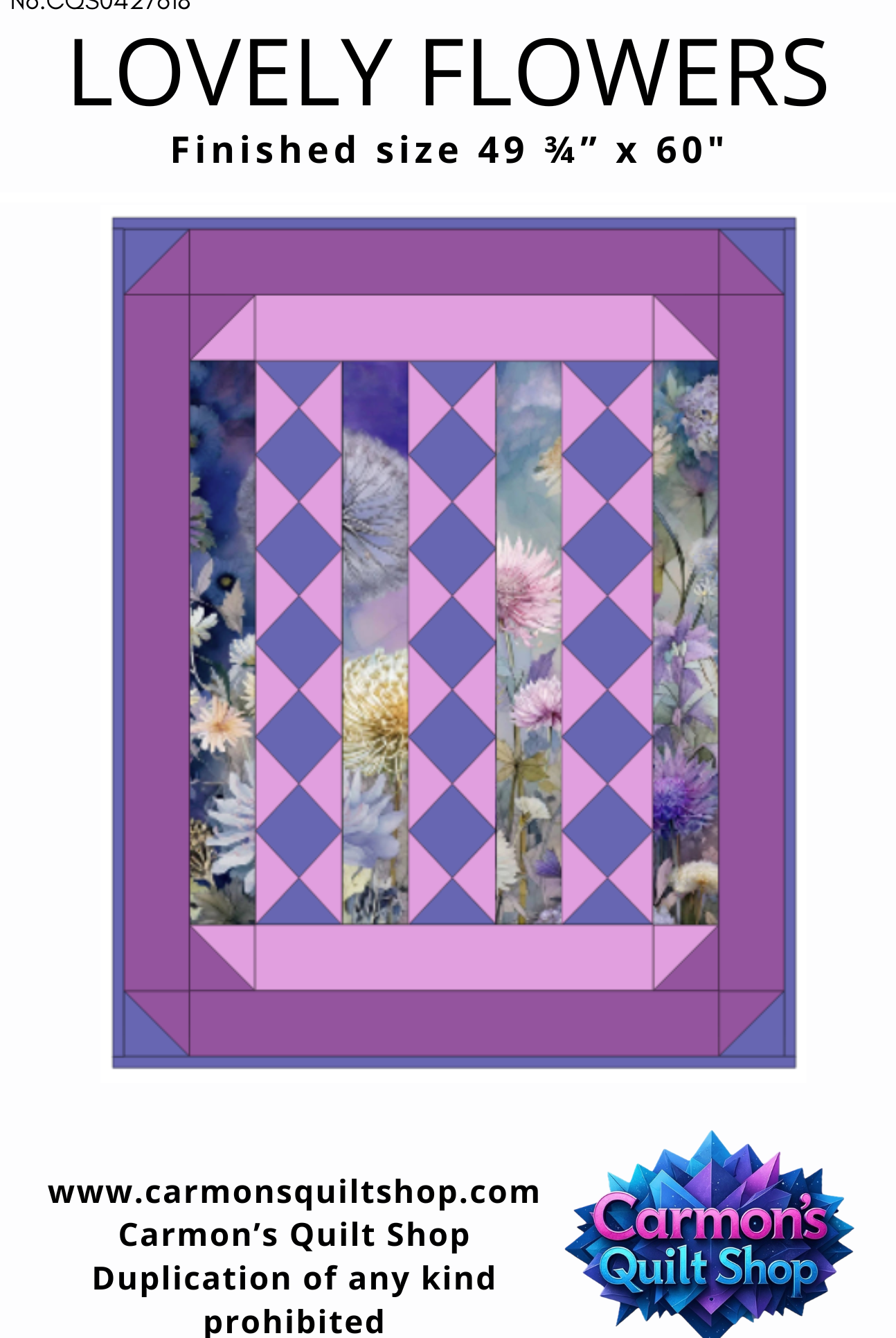 Quilt pattern with purple border and floral design, labeled 'Lovely Flowers' by Carmon's Quilt Shop.