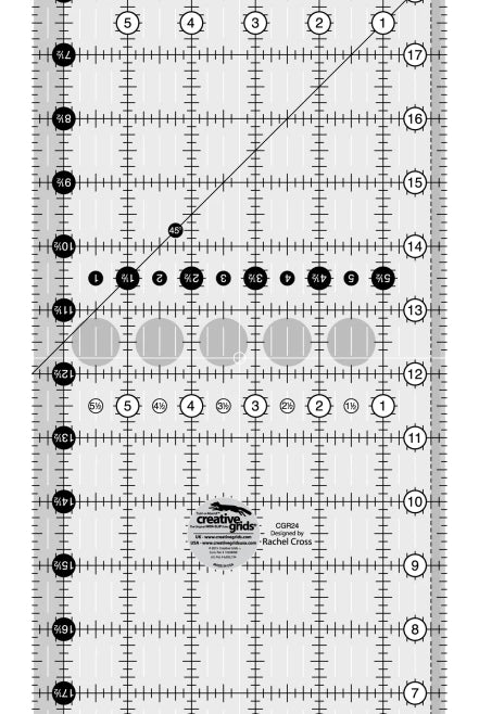 Black and white ruler with measurement markings on a white Creative Grids Quilt Ruler 6-1/2in x 24-1/2in Rectangle - # CGR24 - Carmon's Quilt Shopbackground