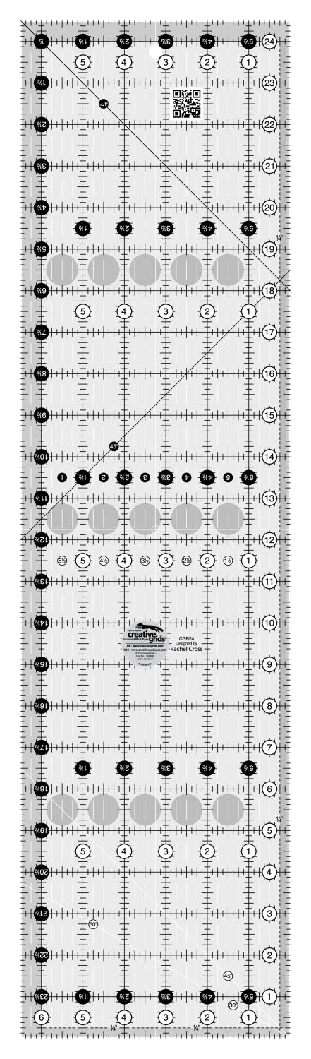 Black and white ruler with measurement markings on a white Creative Grids Quilt Ruler 6-1/2in x 24-1/2in Rectangle - # CGR24 - Carmon's Quilt Shopbackground