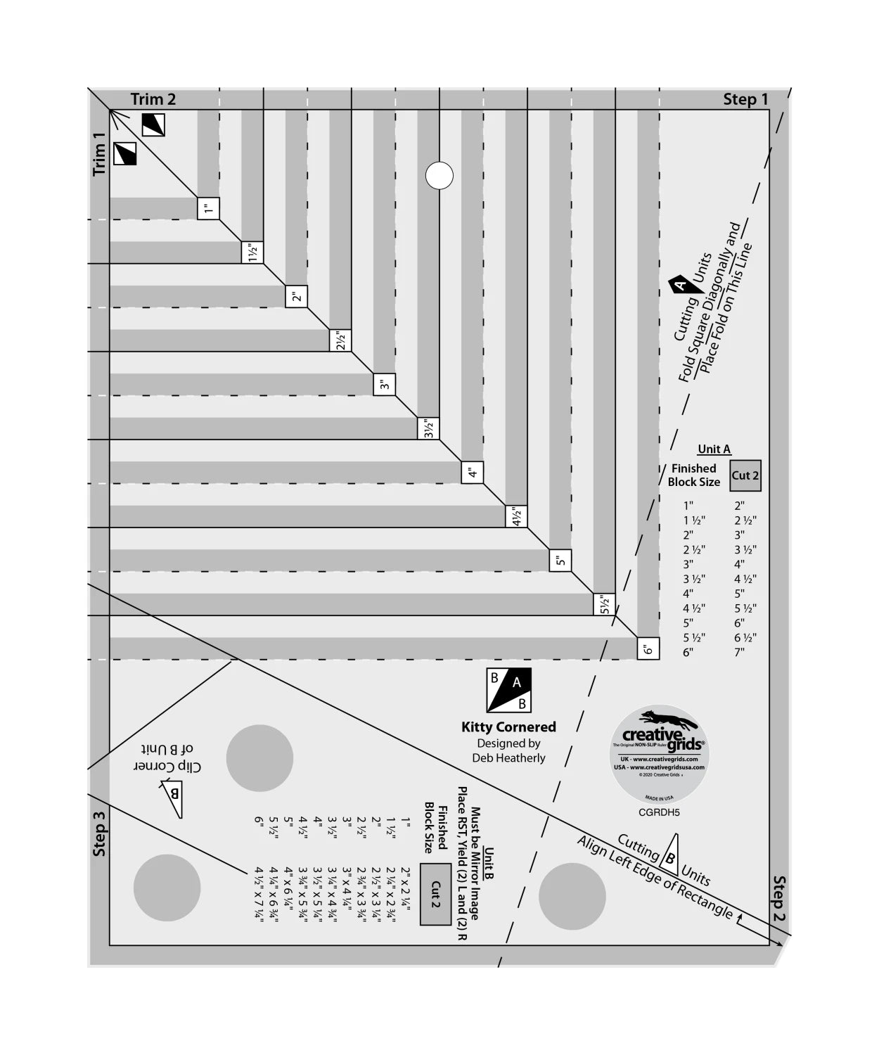 Quilting ruler with measurements and design on a white background