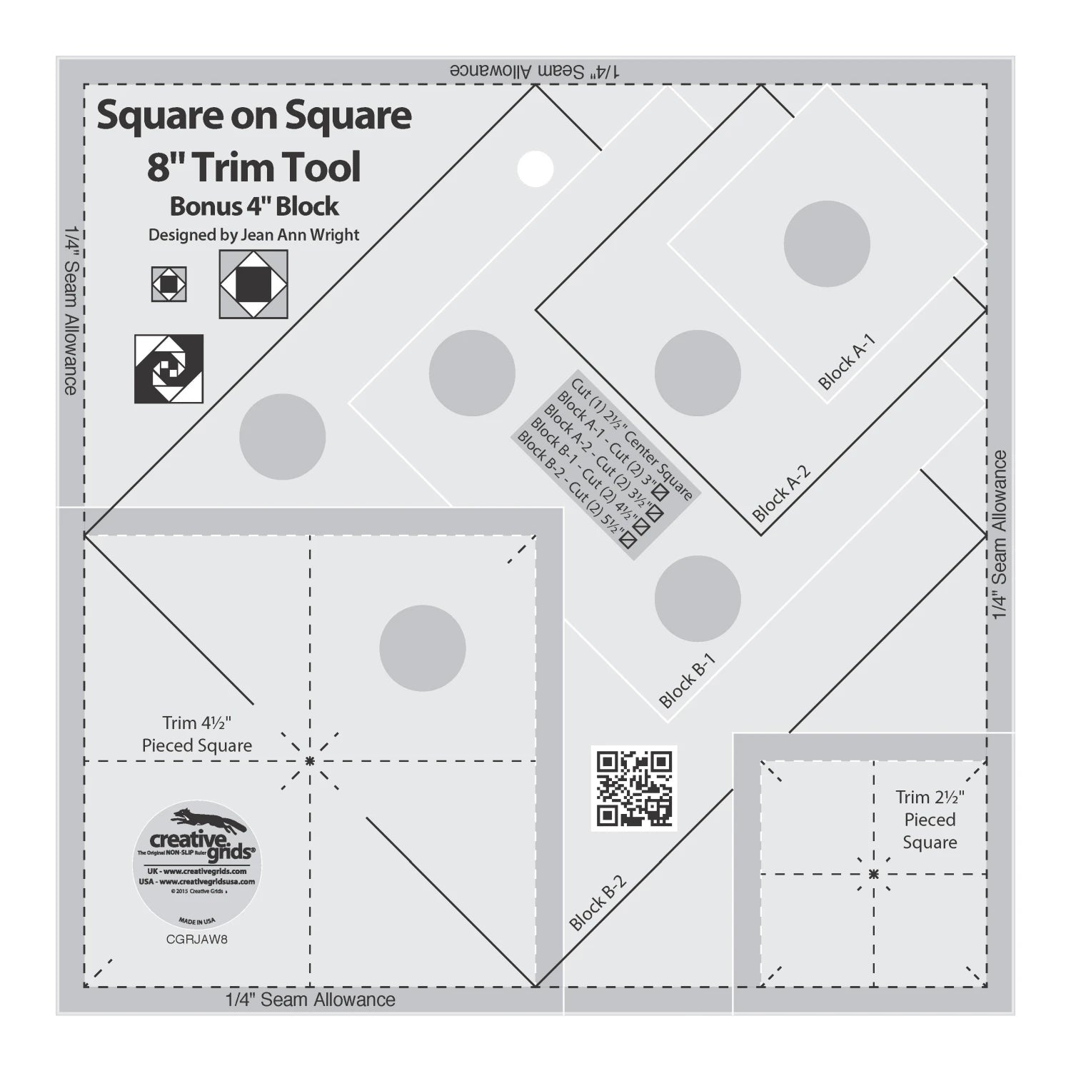 Square on Square 8" Trim Tool with quilt block designs on a white Creative Grids Square on Square Trim Tool 4in or 8in Finished Blocks Quilt Ruler # CGRJAW8 - Carmon's Quilt Shopbackground